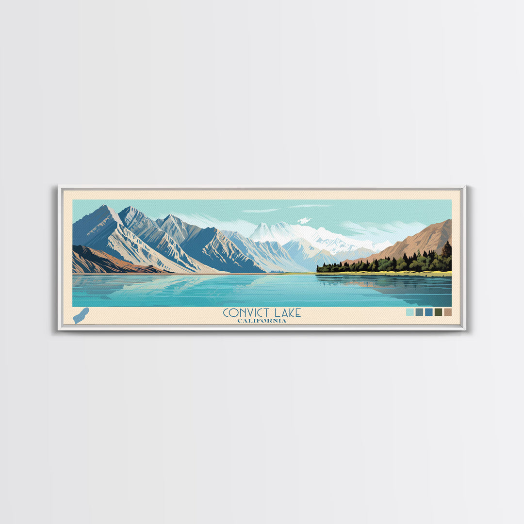 Convict Lake California Framed Canvas Print, Midcentury Modern Panoramic Wall Art, Living Room Decor, Pop Art, Travel Poster Art, Nature Art, Lake House Decor