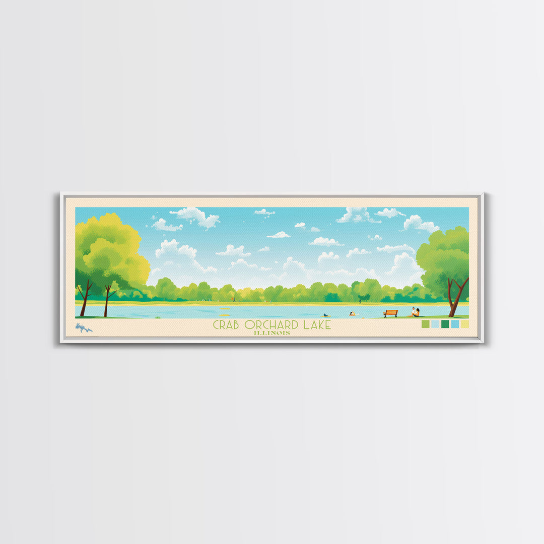 Crab Orchard Lake Illinois Framed Canvas Print, Midcentury Modern Panoramic Wall Art, Living Room Decor, Pop Art, Travel Poster Art, Scenic Nature Painting, Lake House Decor