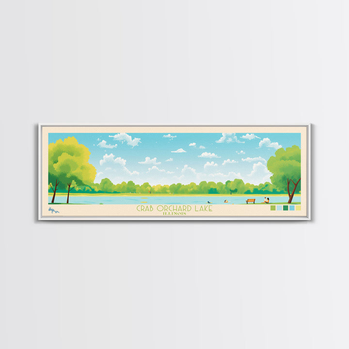 Crab Orchard Lake Illinois Framed Canvas Print, Midcentury Modern Panoramic Wall Art, Living Room Decor, Pop Art, Travel Poster Art, Scenic Nature Painting, Lake House Decor