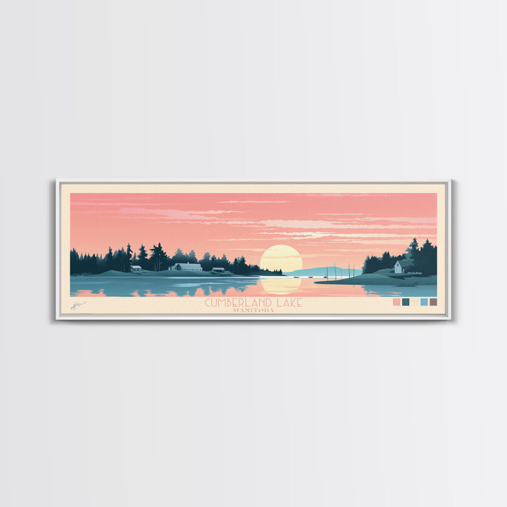 Cumberland Lake Manitoba Framed Canvas Print, Midcentury Modern Panoramic Wall Art, Living Room Decor, Pop Art, Travel Poster Art, Scenic Nature Painting