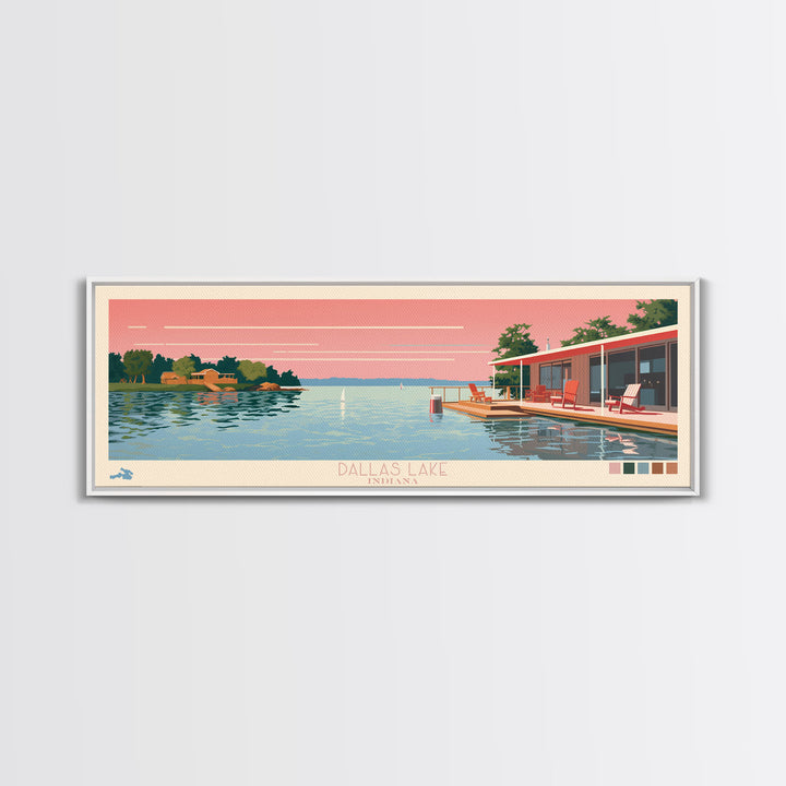 Dallas Lake Indiana Framed Canvas Print, Midcentury Modern Panoramic Wall Art, Bedroom Decor, Pop Art, Travel Poster Art, Scenic Nature Painting