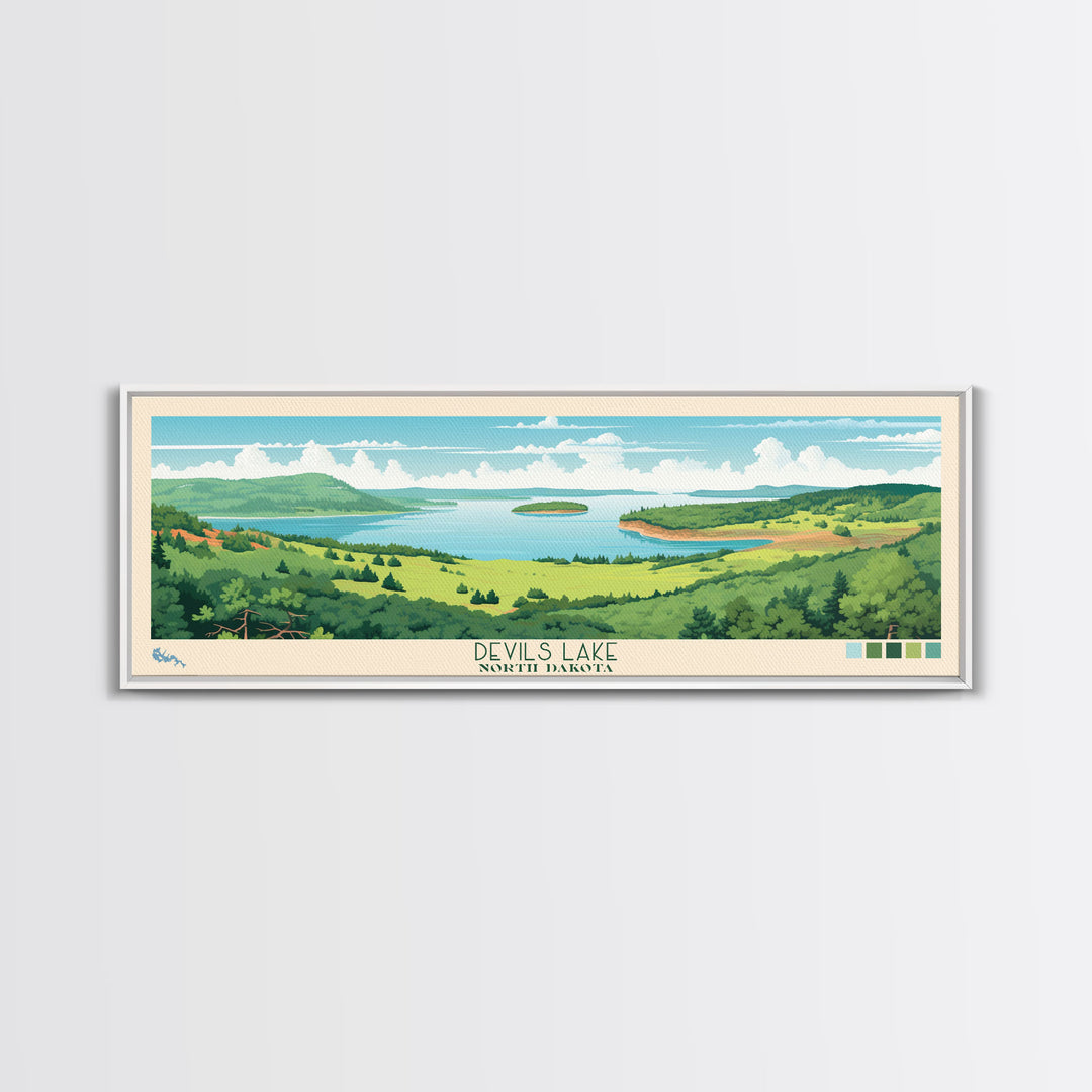 Devils Lake North Dakota Framed Canvas Print, Midcentury Modern Panoramic Wall Art, Living Room Decor, Pop Art, Travel Poster Art, Scenic Nature Painting