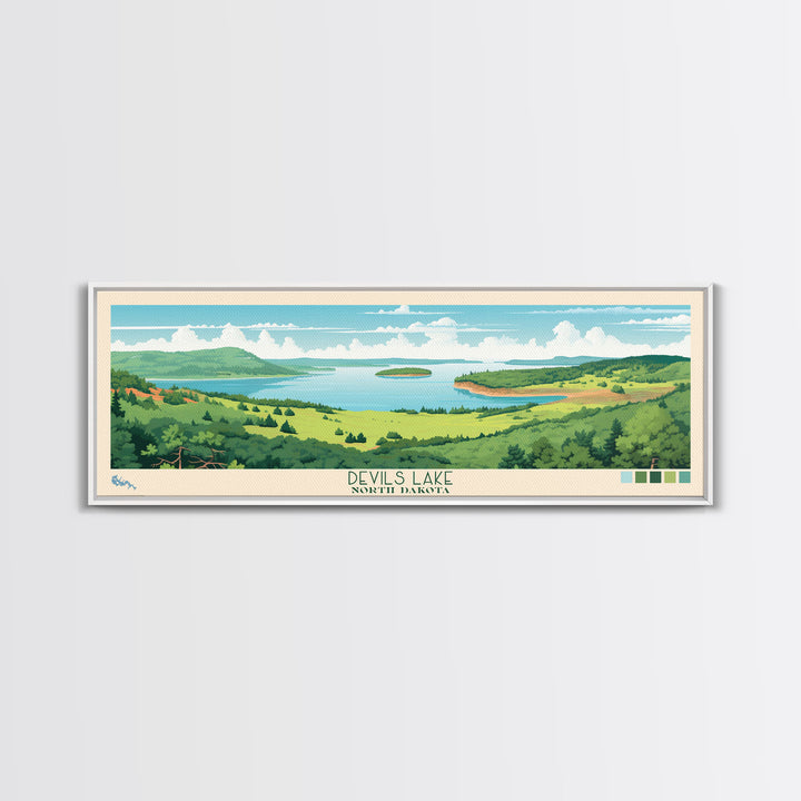 Devils Lake North Dakota Framed Canvas Print, Midcentury Modern Panoramic Wall Art, Living Room Decor, Pop Art, Travel Poster Art, Scenic Nature Painting