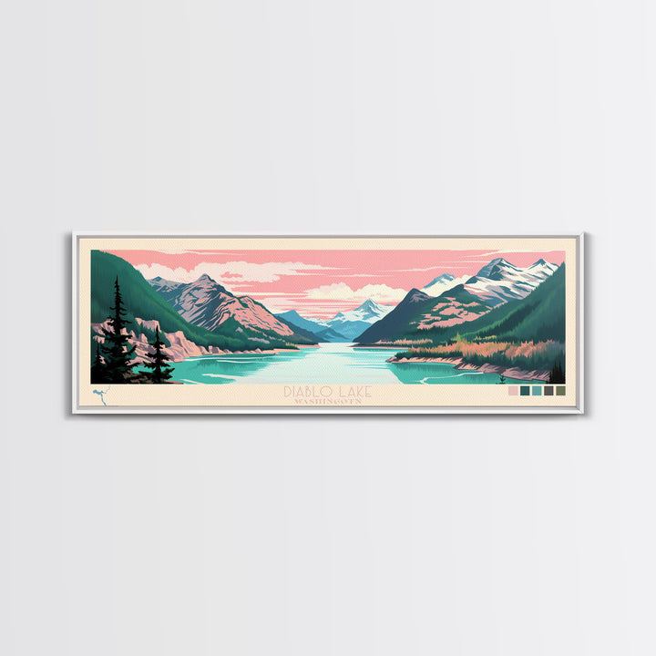 Diablo Lake Washington Framed Canvas Print, Midcentury Modern Panoramic Wall Art, Bedroom Decor, Pop Art, Travel Poster Art, Scenic Nature Painting