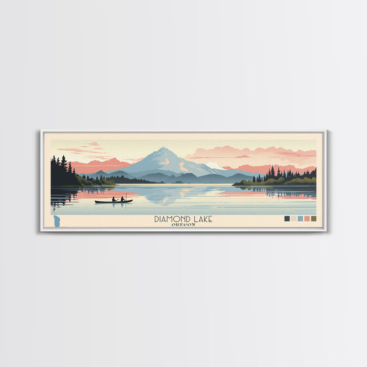 Diamond Lake Oregon Framed Canvas Print, Midcentury Modern Panoramic Wall Art, Bedroom Decor, Pop Art, Travel Poster Art, Scenic Nature Painting