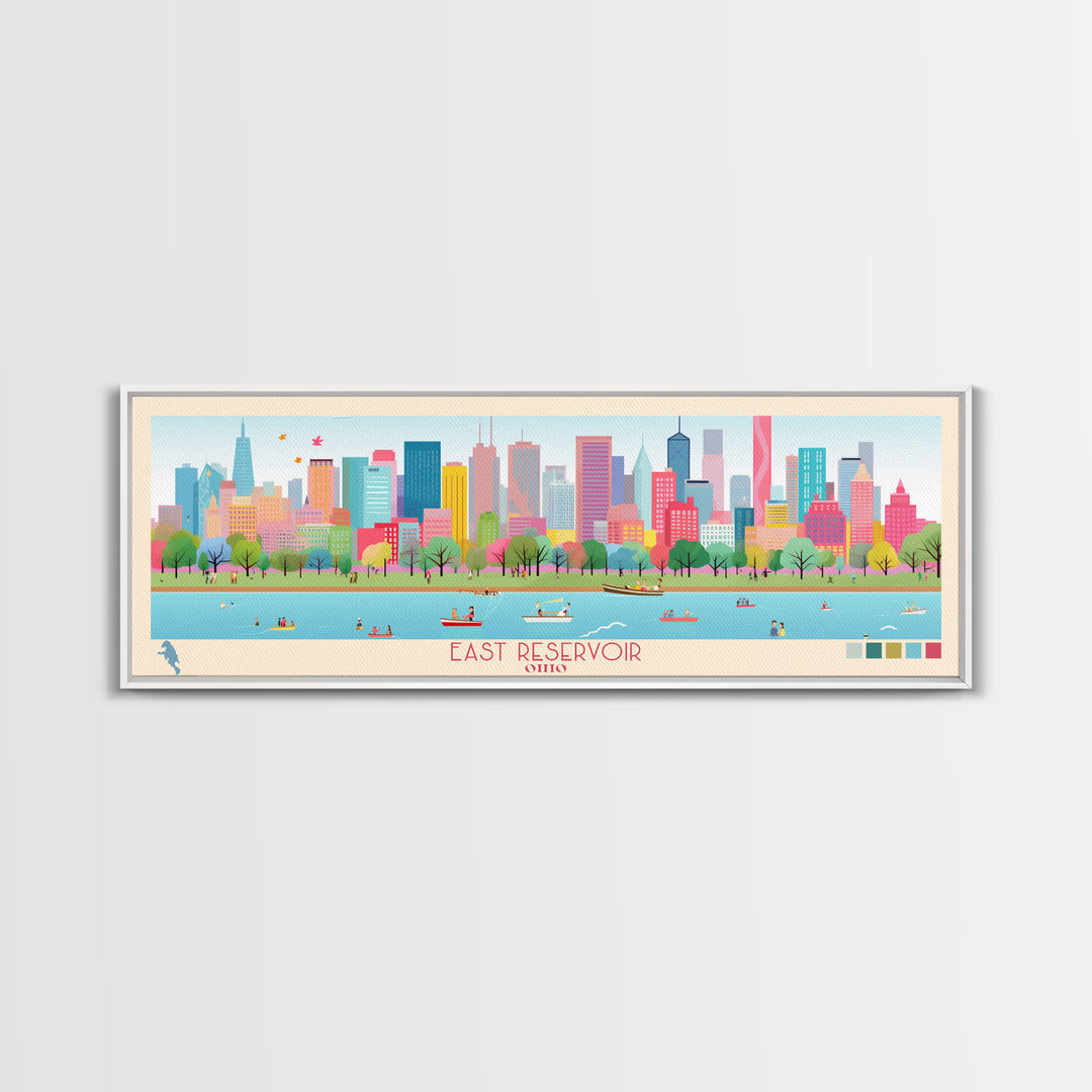 East Reservoir Ohio Framed Canvas Print, Panoramic Art, Midcentury Modern, Pop Art, Bedroom Wall Decor, Travel Poster, Lake View Art