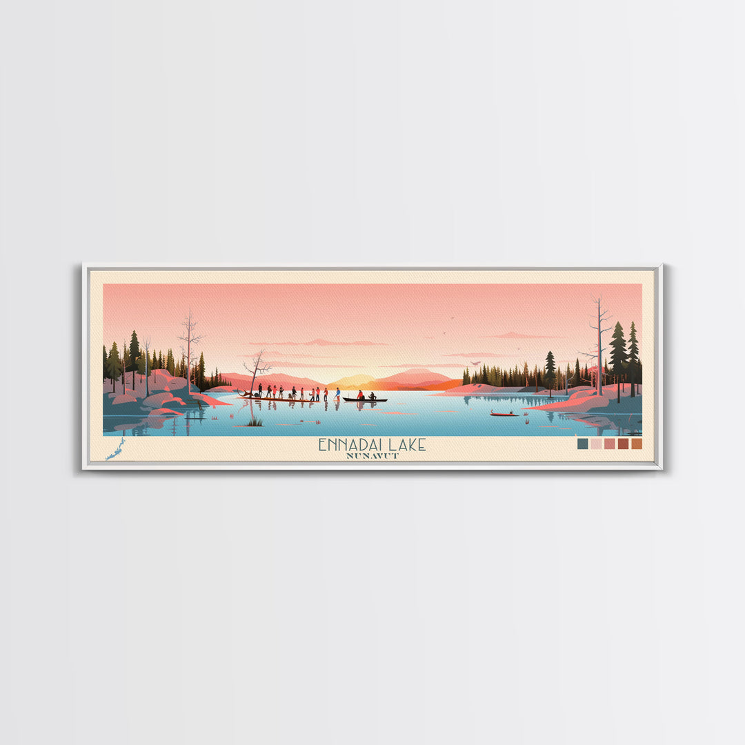 Ennadai Lake Nunavut Framed Canvas Print, Panoramic Wall Art, Midcentury Modern, Pop Art, Bedroom Decor, Travel Poster, Lake View