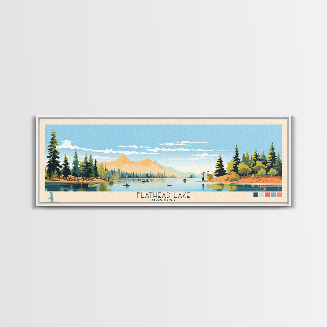 Flathead Lake Montana Framed Canvas Print, Panoramic Wall Art, Midcentury Modern, Pop Art, Bedroom Decor, Travel Poster, Nature Painting, Artistic Decor