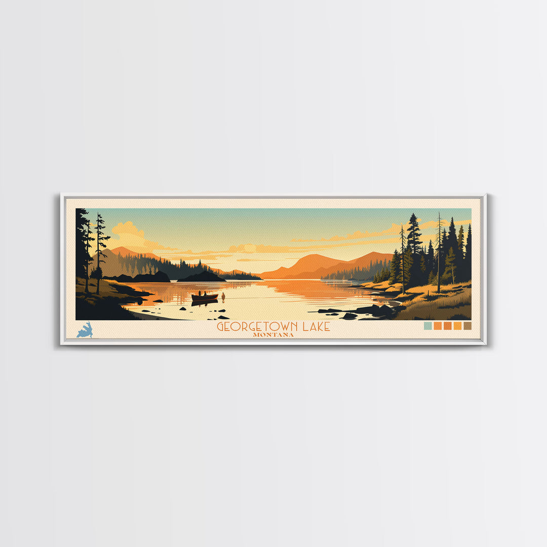 Georgetown Lake Montana Framed Canvas Print, Panoramic Wall Art, Midcentury Modern, Pop Art, Living Room Decor, Travel Poster, Nature Art, Lake House Art
