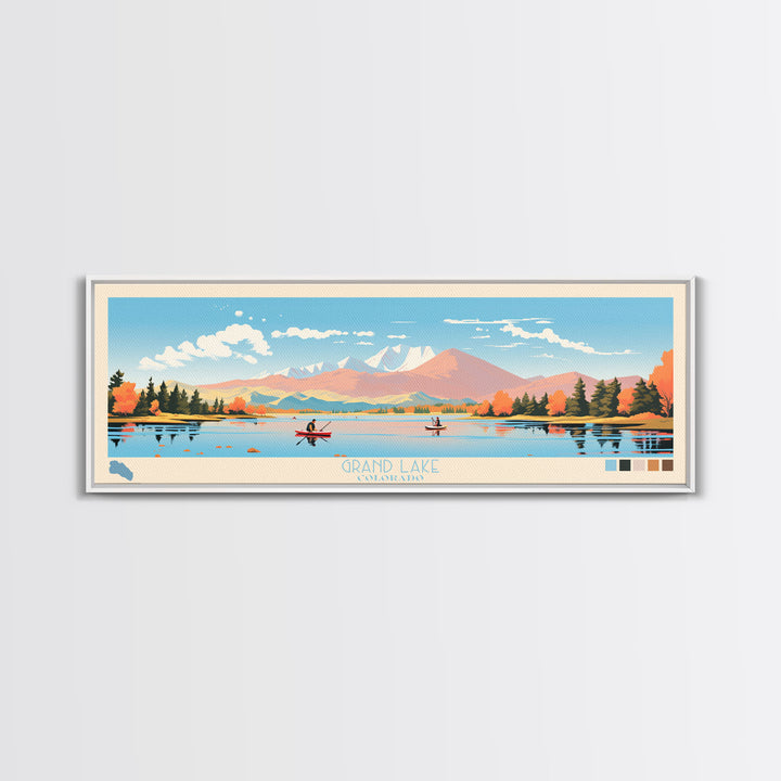 Grand Lake Colorado Framed Canvas Print, Panoramic Wall Art, Midcentury Modern, Pop Art, Living Room Decor, Travel Poster, Nature Art, Home Decor
