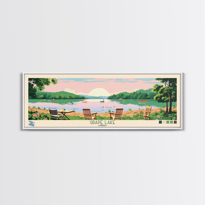 Grape Lake Ohio Framed Canvas Print, Panoramic Wall Art, Midcentury Modern, Pop Art, Living Room Wall Art, Travel Poster, Artistic Decor, Nature Art