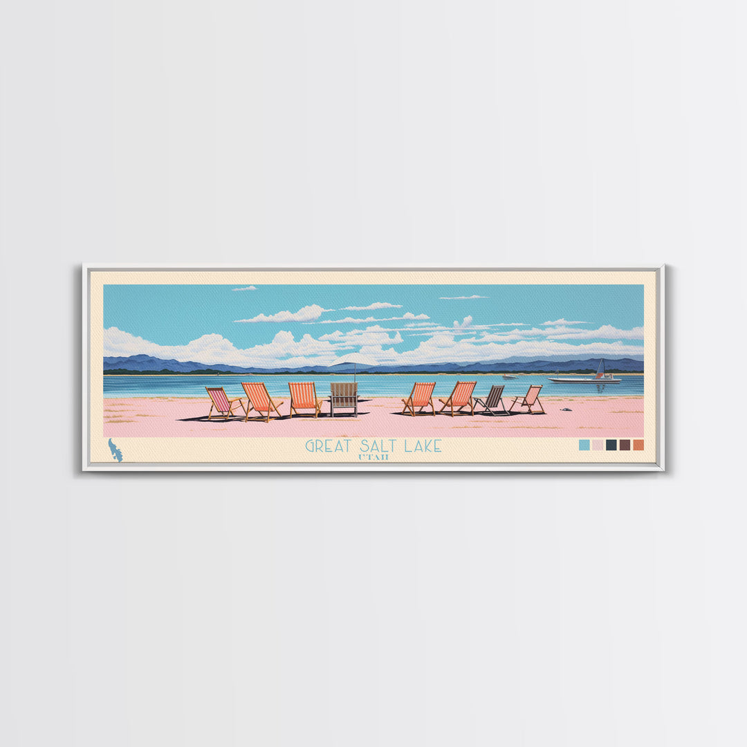 Great Salt Lake Utah Framed Canvas Print, Panoramic Wall Art, Midcentury Modern, Pop Art, Living Room Wall Art, Travel Poster, Nature Art, Artistic Decor