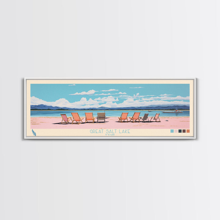 Great Salt Lake Utah Framed Canvas Print, Panoramic Wall Art, Midcentury Modern, Pop Art, Living Room Wall Art, Travel Poster, Nature Art, Artistic Decor