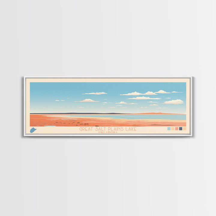 Great Salt Plains Lake Oklahoma Framed Canvas Print, Panoramic Art, Midcentury Modern, Pop Art, Bedroom Decor, Travel Poster, Lake House Art, Wall Art