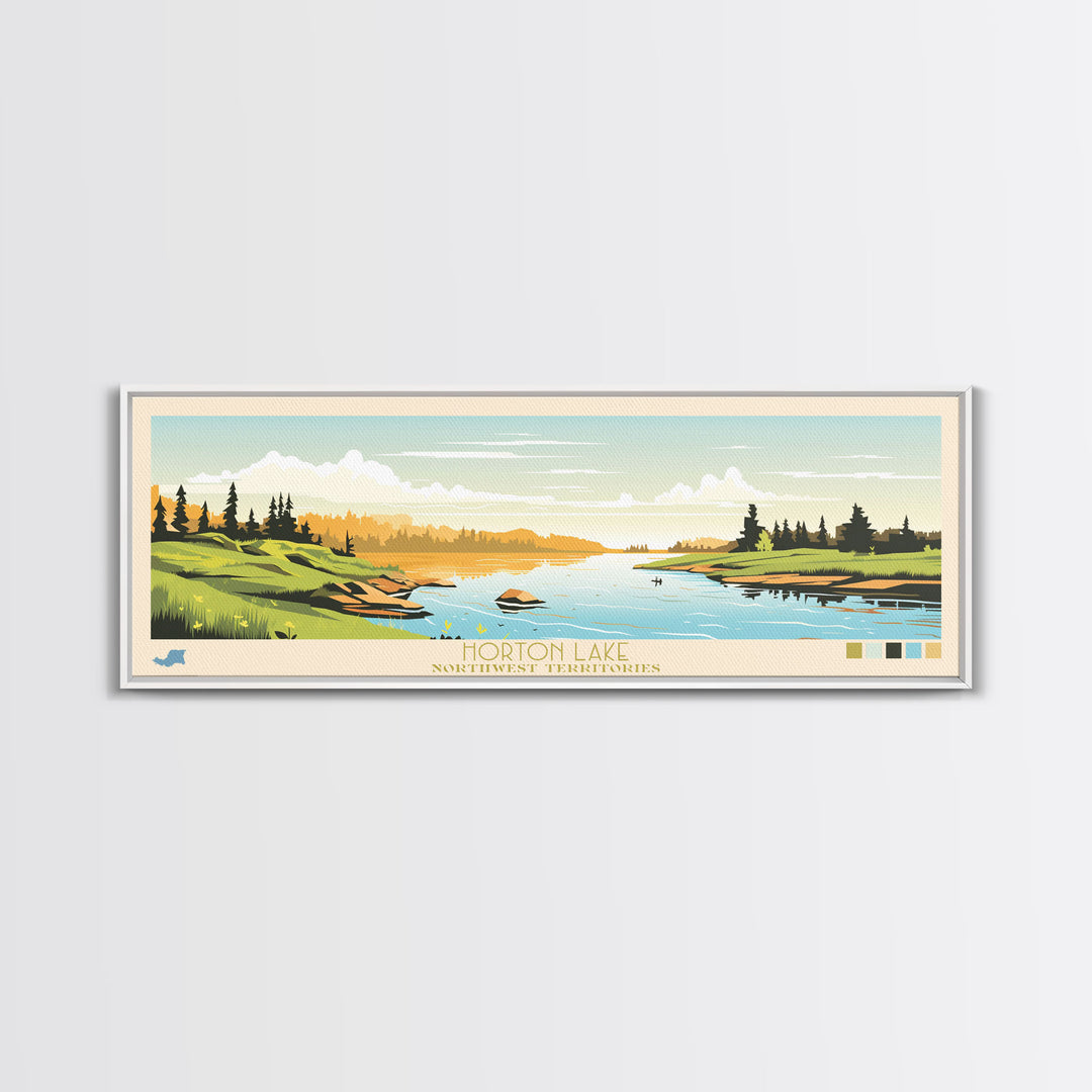Horton Lake Northwest Territories Framed Canvas Print, Panoramic Art, Midcentury Modern, Pop Art, Living Room Decor, Travel Poster, Lake House Decor