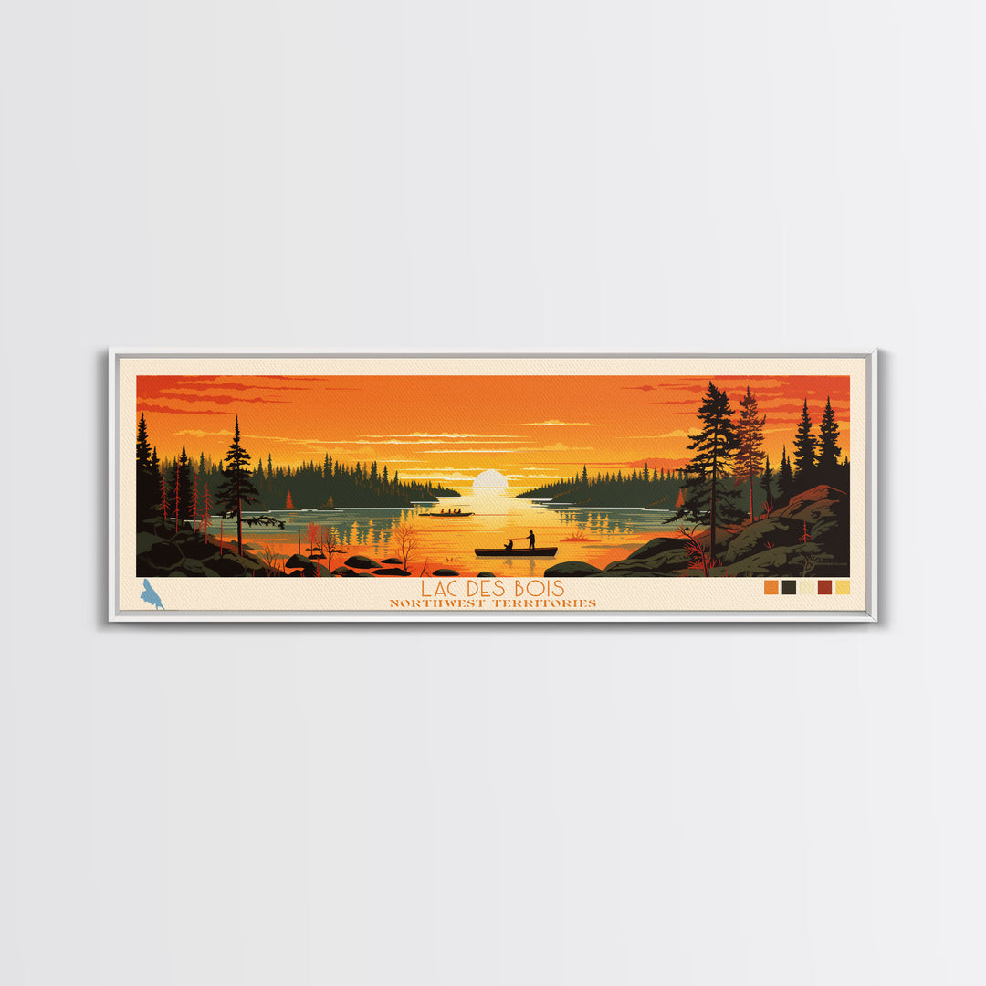 Lac Des Bois Northwest Territories Framed Canvas Print, Panoramic Art, Midcentury Modern, Pop Art, Living Room Wall Art, Travel Poster, Lake House Decor