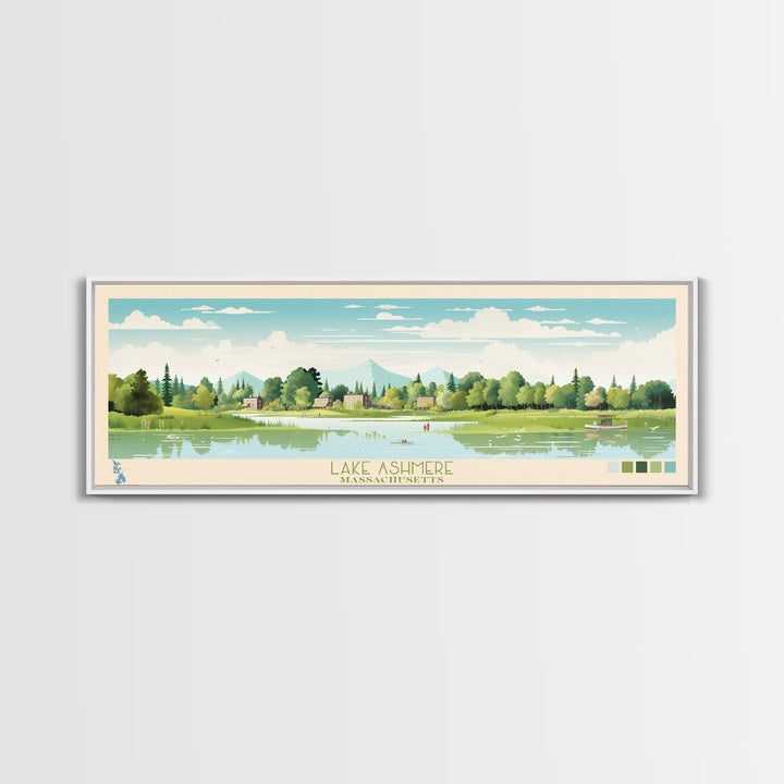 Lake Ashmere Massachusetts Framed Canvas Print, Panoramic Art, Midcentury Modern, Pop Art, Living Room Wall Art, Travel Poster, Lake House Decor