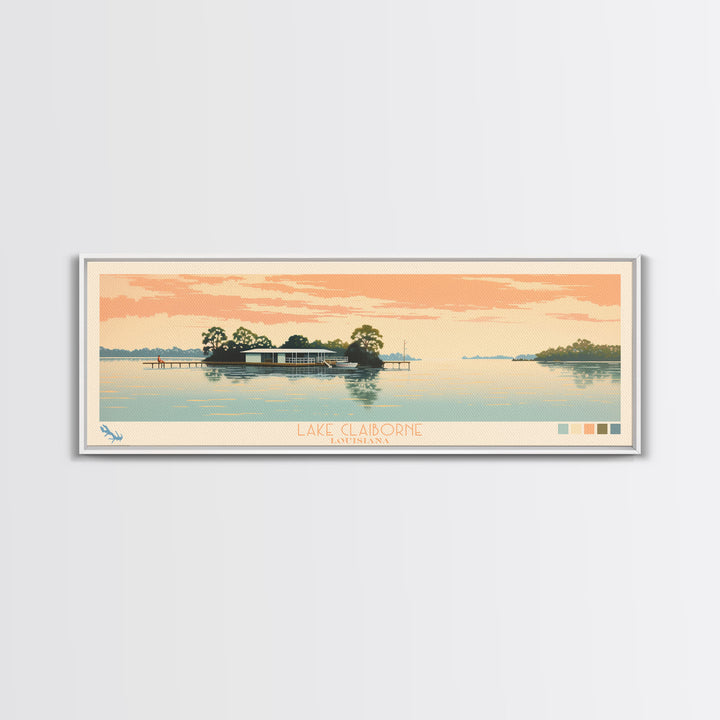 Lake Claiborne Louisiana Framed Canvas Print, Panoramic Wall Art, Midcentury Modern, Pop Art, Bedroom Decor, Travel Poster, Living Room Art