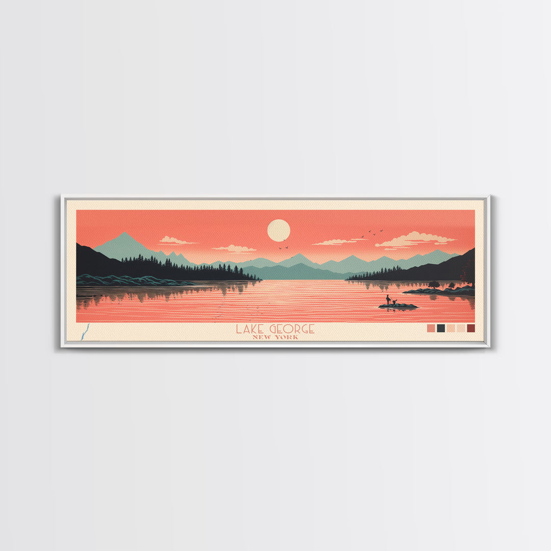 Lake George New York Framed Canvas Print, Panoramic Art, Midcentury Modern, Pop Art, Living Room Wall Art, Travel Poster, Lake House Decor