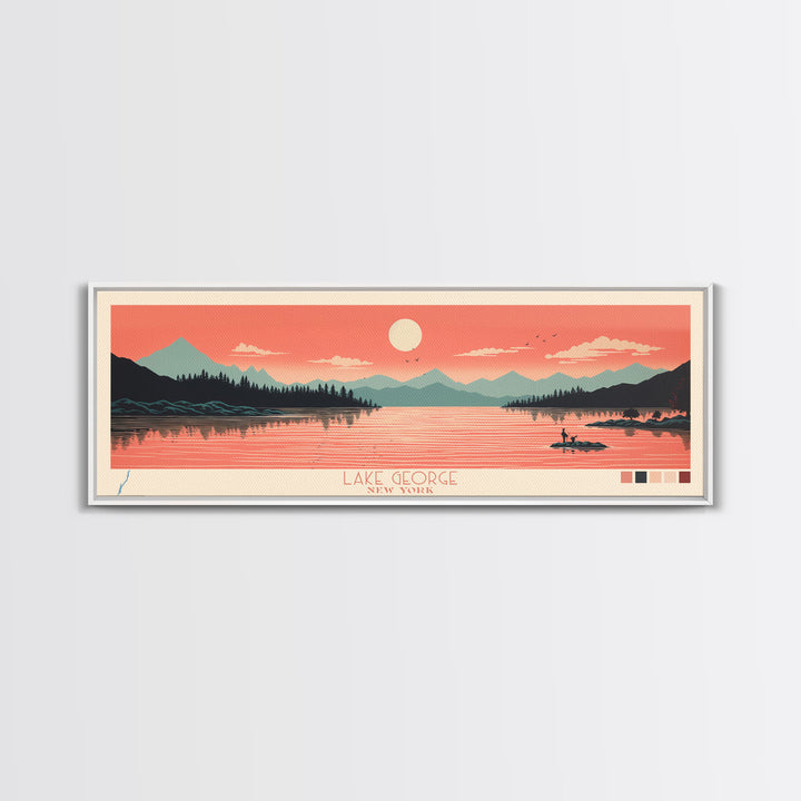 Lake George New York Framed Canvas Print, Panoramic Art, Midcentury Modern, Pop Art, Living Room Wall Art, Travel Poster, Lake House Decor