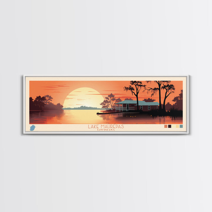 Lake Maurepas Louisiana Framed Canvas Print, Panoramic Wall Art, Midcentury Modern, Pop Art, Bedroom Art, Travel Poster, Lake House Decor