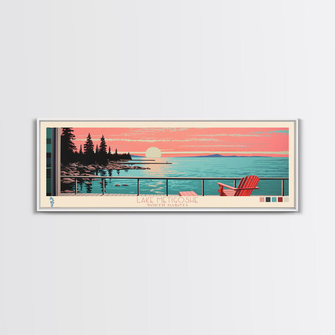 Lake Metigoshe North Dakota Framed Canvas Print, Panoramic Wall Art, Midcentury Modern, Pop Art, Living Room Decor, Travel Poster