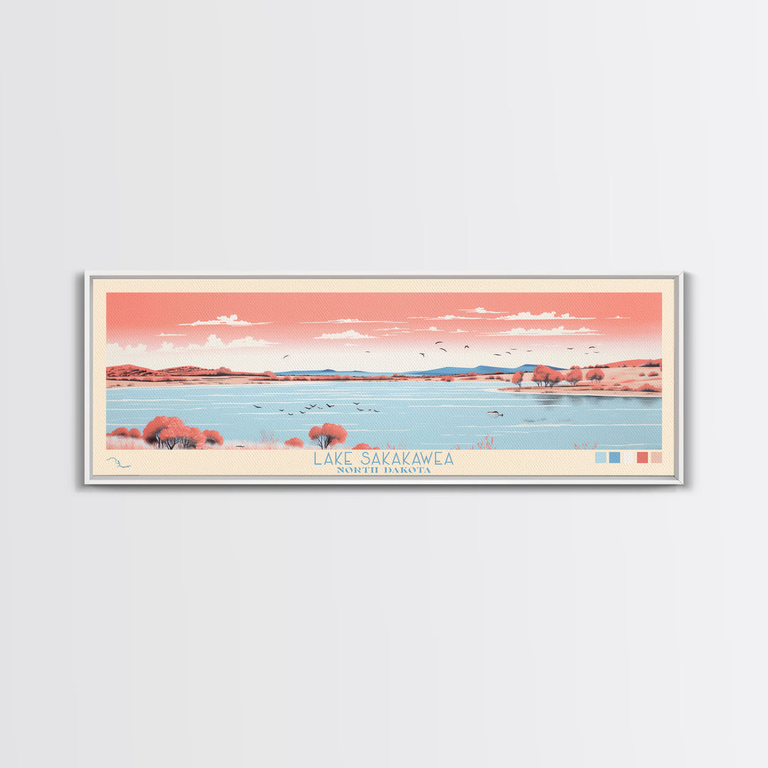 Lake Sakakawea North Dakota Framed Canvas Print, Panoramic Wall Art, Midcentury Modern, Pop Art, Living Room Decor, Travel Poster, Lake House Art