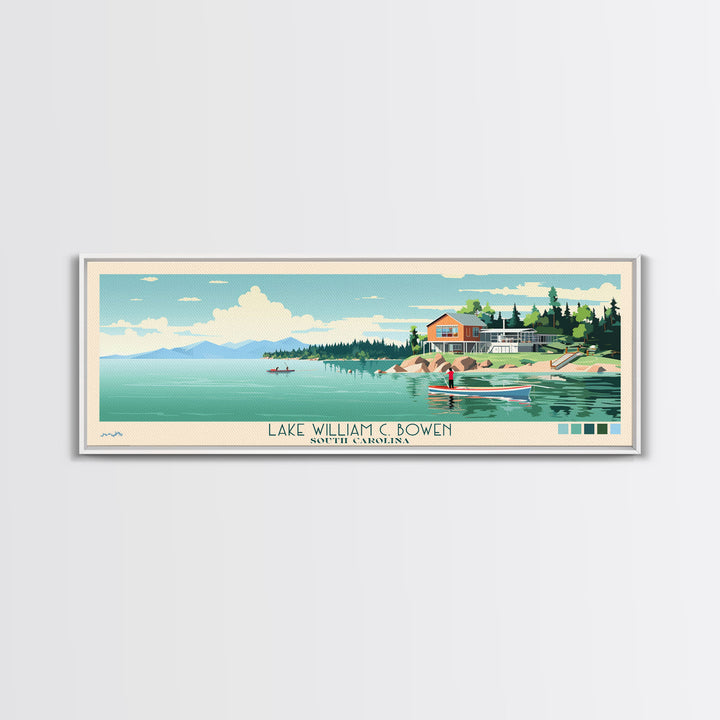 Lake William C. Bowen, South Carolina Panoramic Wall Art Framed Canvas Print, Midcentury Modern, Pop Art, Home Decor, Travel Poster, Bedroom Art