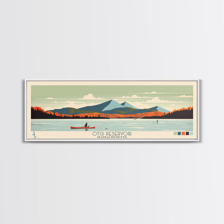 Otis Reservoir, Massachusetts Framed Canvas Print, Panoramic Wall Art, Midcentury Modern, Pop Art, Home Decor, Travel Poster, Living Room Art