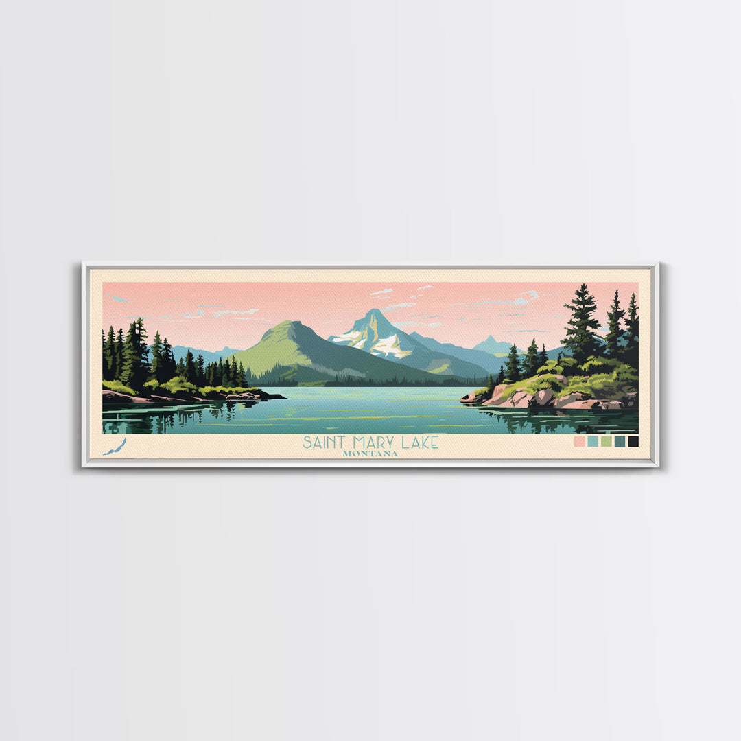 Saint Mary Lake, Montana Framed Canvas Print, Panoramic Travel Poster, Midcentury Modern Art, Bedroom Decor, Pop Art, Wall Art