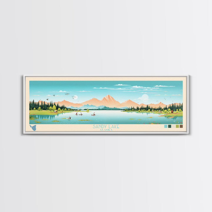 Sandy Lake, Alaska Framed Canvas Print, Panoramic Travel Poster, Midcentury Modern Art, Living Room Decor, Pop Art, Wall Art