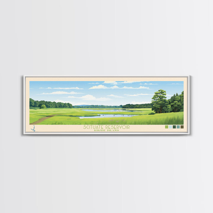 Scituate Reservoir, Rhode Island Framed Canvas Print, Panoramic Wall Art, Midcentury Modern Decor, Pop Art, Travel Poster, Living Room Art