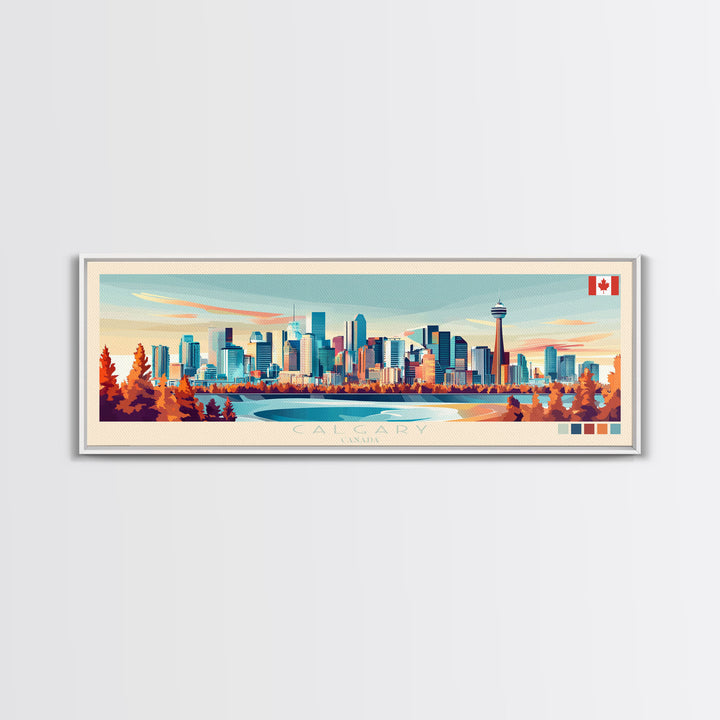 Calgary, Canada Panoramic Travel Poster Canvas Print, Calgary, Canada Painting, Canada Art, Calgary Travel Art, Living Room Painting