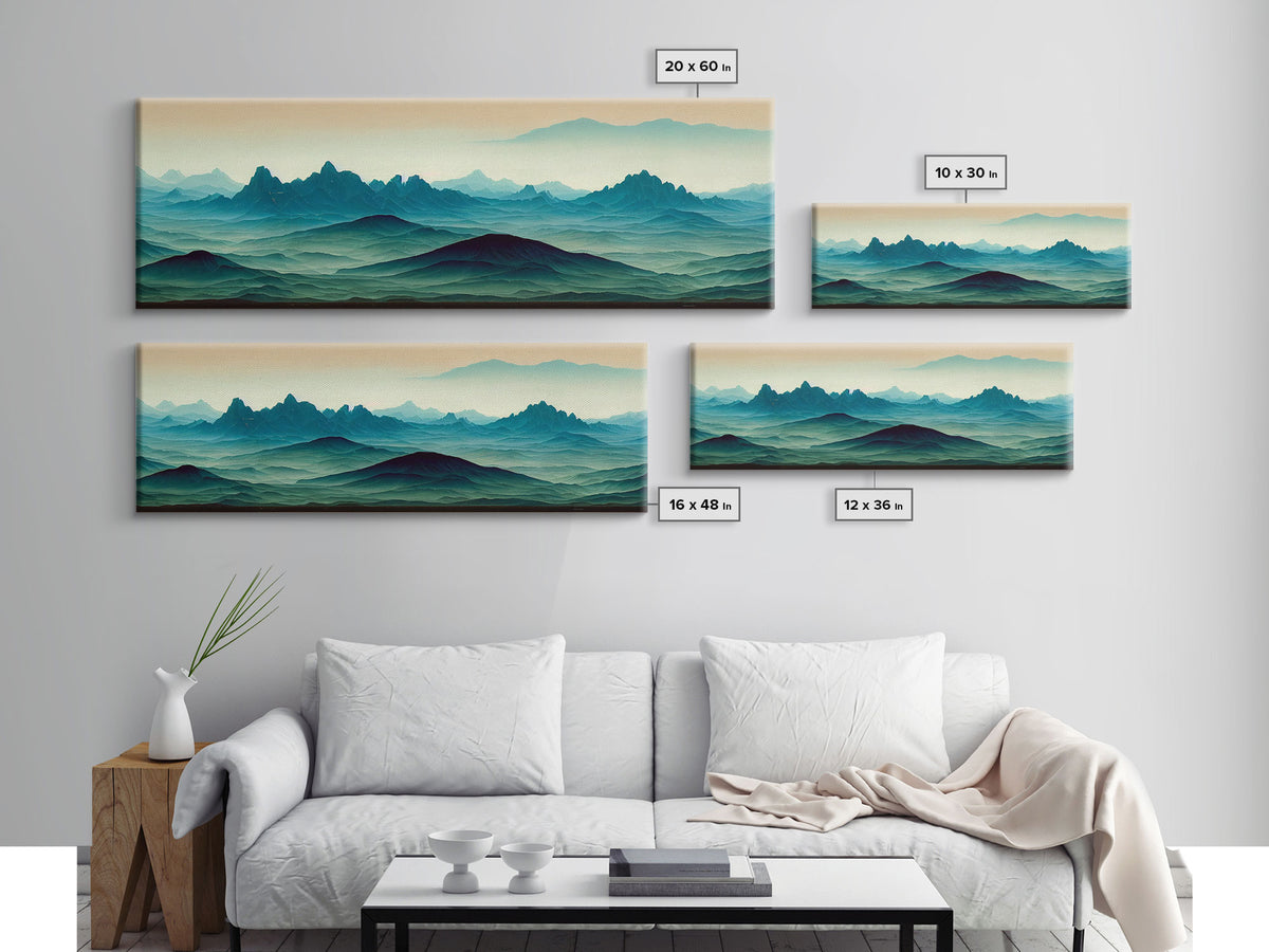 Emerald Green Rolling Hills and Mountains, Landscape Art, Ready To Hang Canvas Print, Framed Wall Art