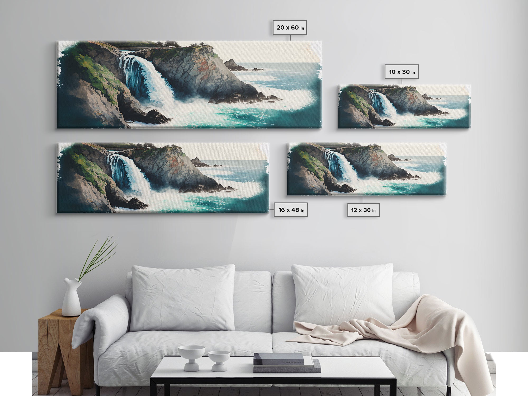 Panoramic Framed Canvas Print - Watercolor Fantasy Waterfall - Home Decor, Living Room, Secret Water Fall, Fantasy Art