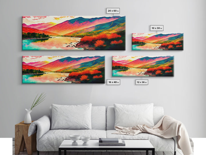 Colorful Abstract Watercolor Landscape, Framed Panoramic Canvas Print, Wide Art, Rainbow landscape painting, surrealist art