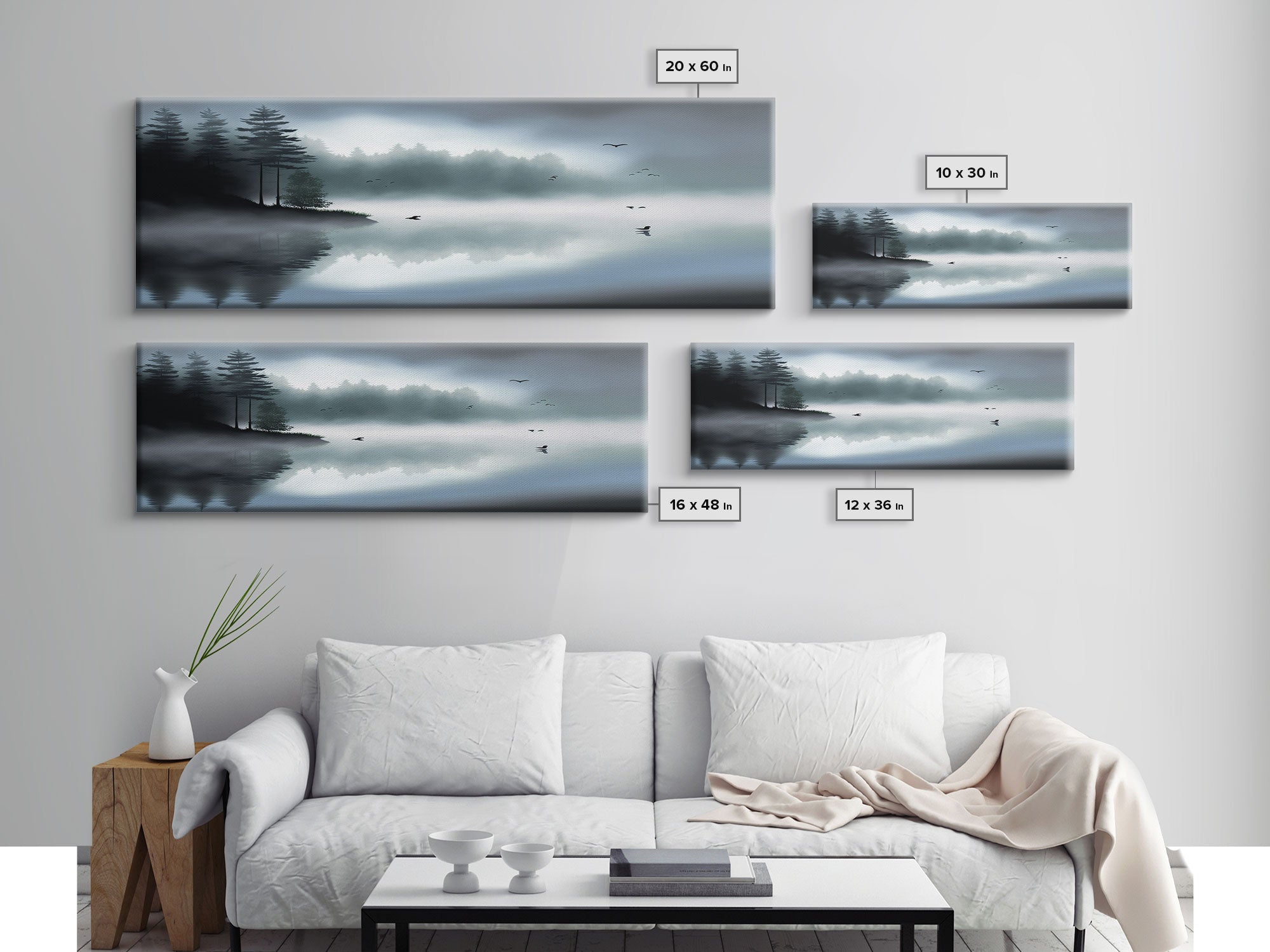 Pacific Northwest Lake & Pine Tree Forest Foggy Watercolor Canvas Print - Framed Panoramic Wall Art Home Decor