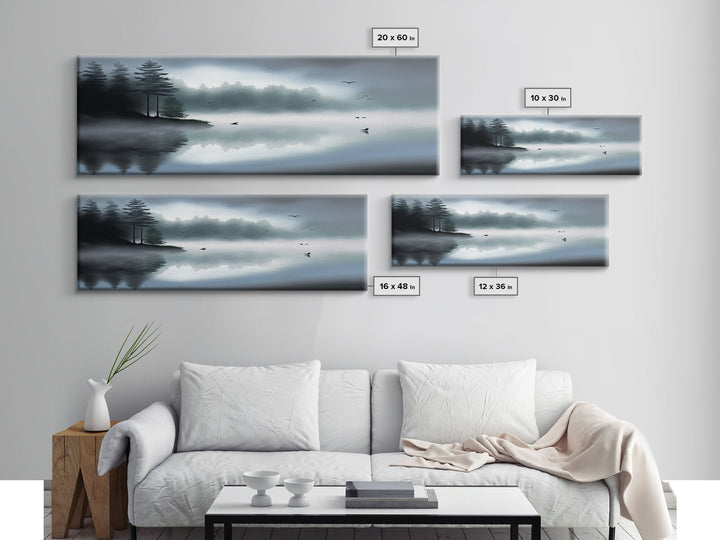 Pacific Northwest Lake & Pine Tree Forest Foggy Watercolor Canvas Print - Framed Panoramic Wall Art Home Decor