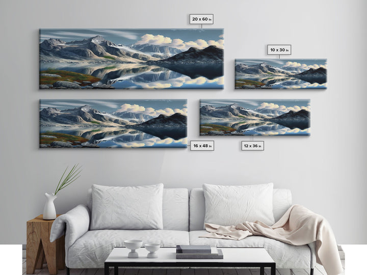 Panoramic Framed Canvas Print of Snow Covered Mountain & Reflection in Lake - Watercolor Landscape Painting for Home Decor