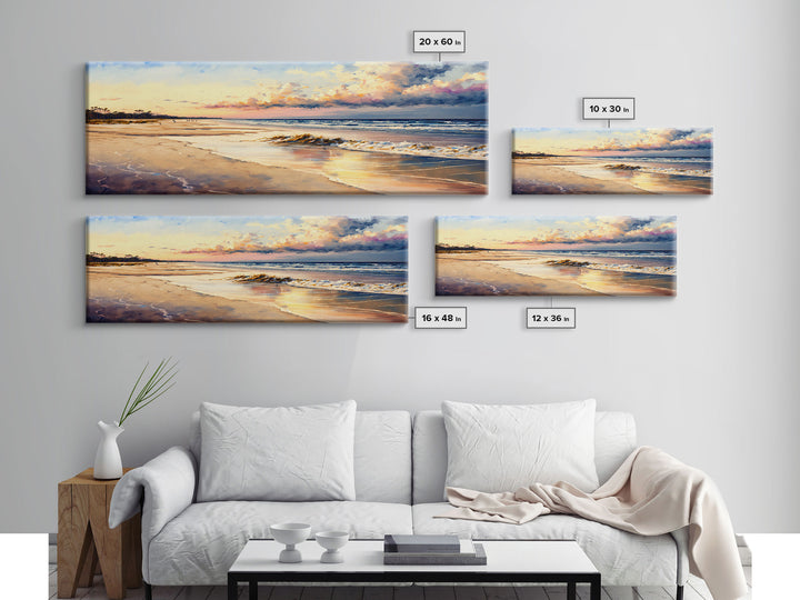 Panoramic Beach Sunset Canvas Print, Watercolor Landscape Framed Art, Whimsical Home Decor, Nature Wall Art, Wide Wall Art