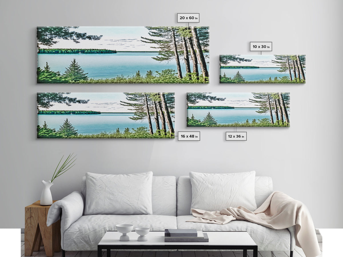 Pacific Northwest Lake Scene Watercolor Landscape Canvas Print - Framed Panoramic Artwork for Home Decor - Pine Tree Forest Lake Landscape