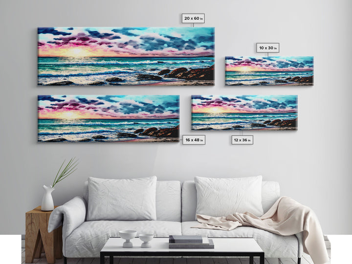 Vibrant Beach Panoramic Framed Canvas Print - Watercolor Landscape Painting with Clouds & Waves - For Home or Office Decor