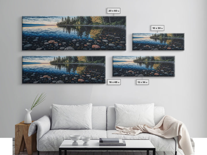 Pacific Northwest Stream or River Watercolor Panoramic Canvas Print | Framed | Colorful Pebbles | Vibrant Colors | Home & Office Décor