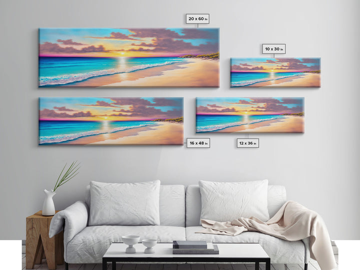 Panoramic Beach Sunset Framed Canvas Print, Watercolor Landscape Painting, Home & Office Decor