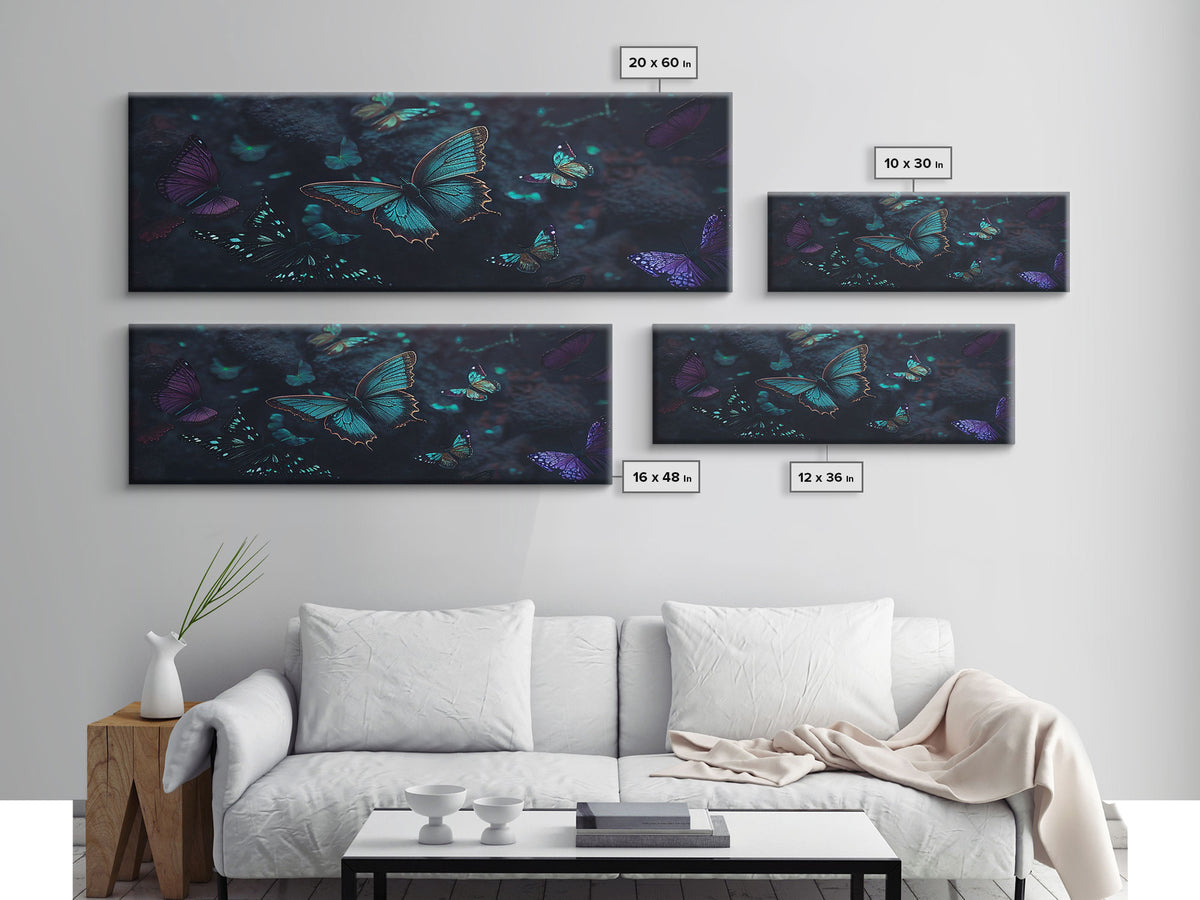 Blue Butterflies, Framed Canvas Print, Bioluminescent Glowing Butterfly Art, Framed Wall Art
