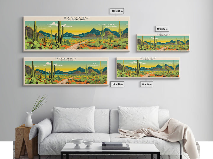 Saguaro  National Park Panoramic Arizona Travel Art, National Park Print, Minimalist Travel Art, Subdued Watercolor Painting Panoramic
