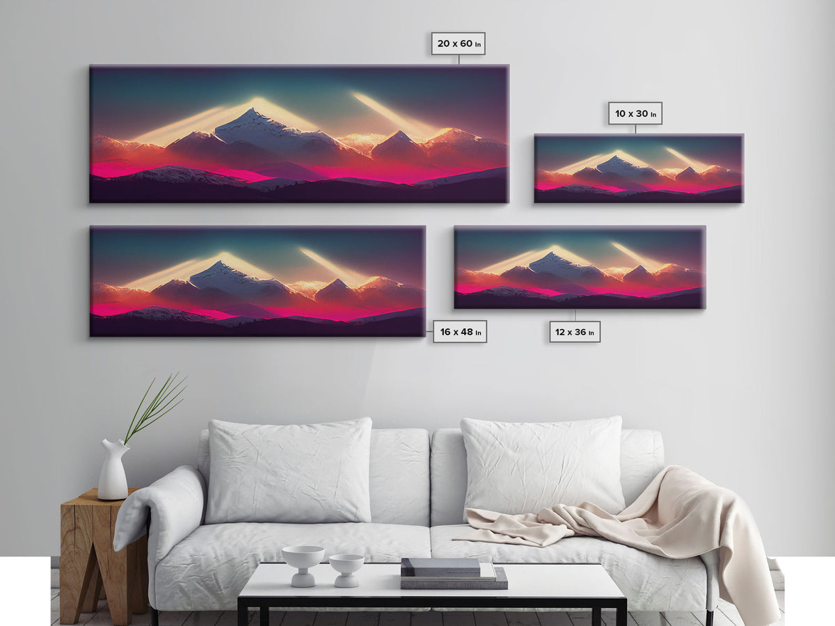Panoramic Canvas Print, Mountain Sunrise Wall Decor, Cool Wall Art, Ready To Hang, Vaporwave Sunset, Cool Landscape Art