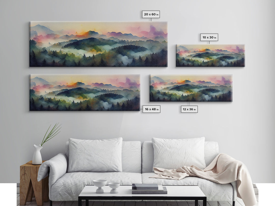 Dramatic Watercolor Sunset Landscape, Ready To Hang Canvas Print, Panoramic, Emerald Green Landscape Wall Decor