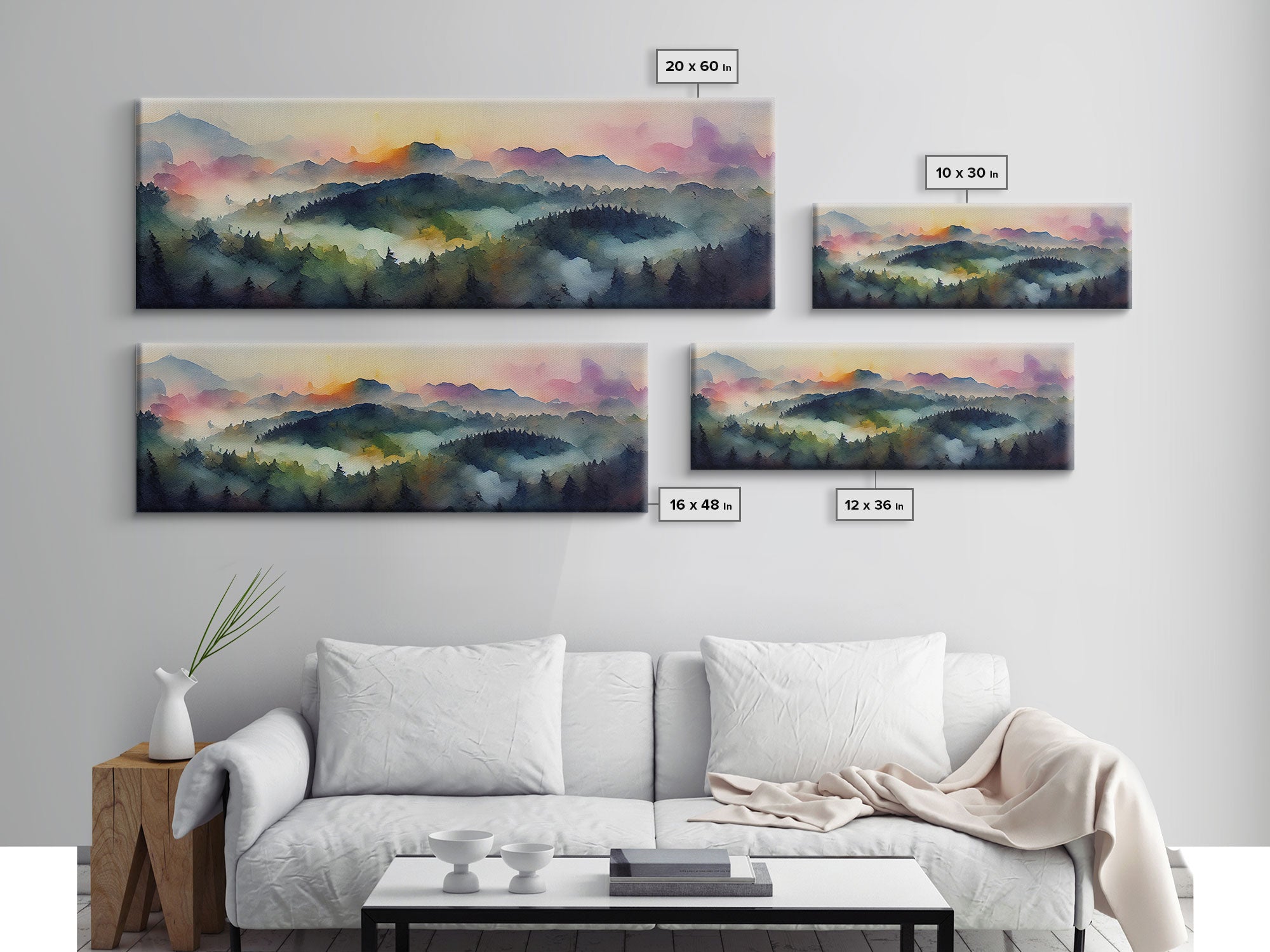 Dramatic Watercolor Sunset Landscape, Ready To Hang Canvas Print, Panoramic, Emerald Green Landscape Wall Decor