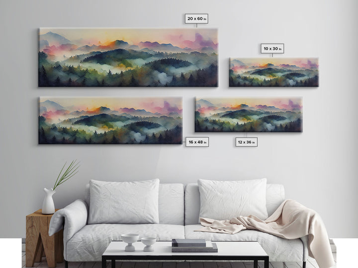 Dramatic Watercolor Sunset Landscape, Ready To Hang Canvas Print, Panoramic, Emerald Green Landscape Wall Decor